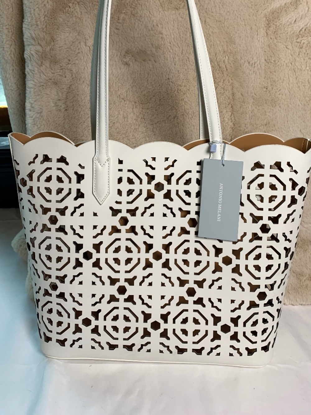 Antonio Melani cute cut out white tote NWT, tan zipper bag inside